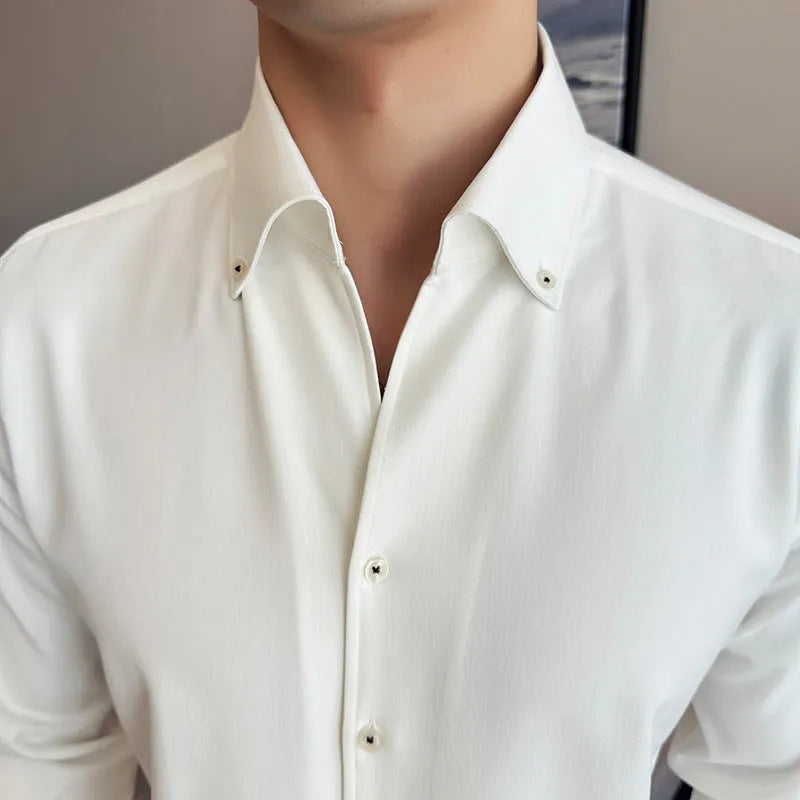 Men's slim fit long sleeve denim shirt in solid black, blue, or white colour.