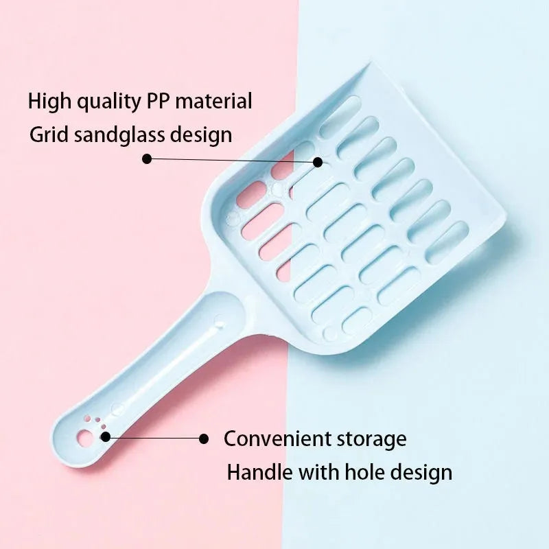 Blue plastic cat litter scoop showing 20cm length and slotted design for sifting pet litter