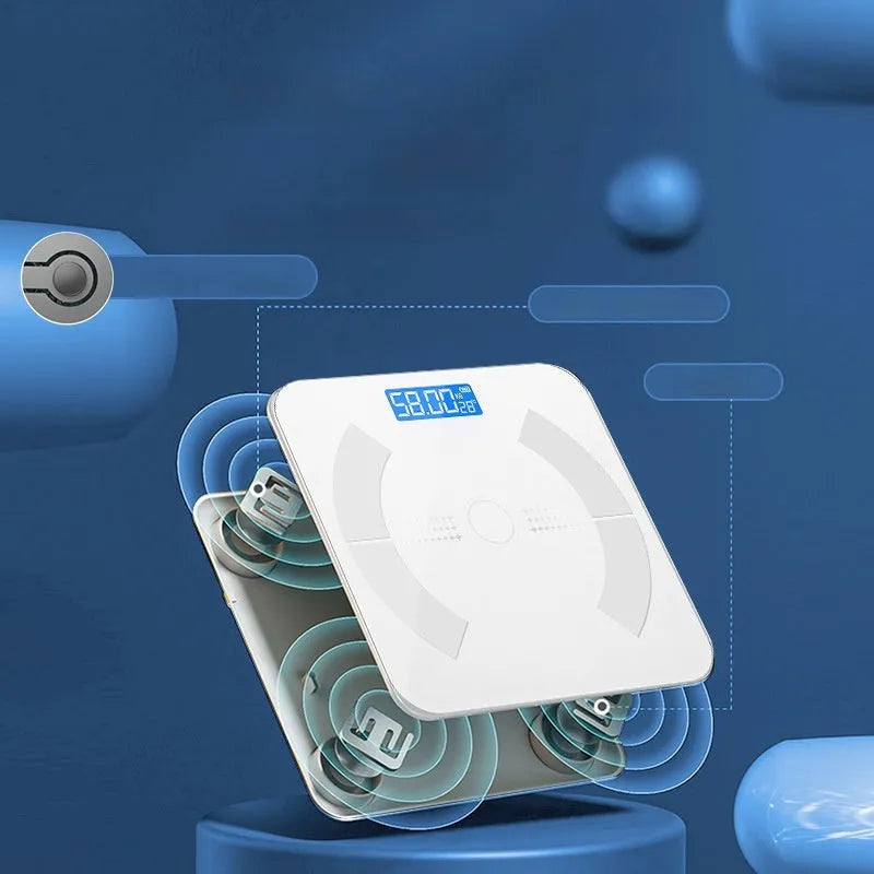 Smart Bluetooth body fat scale in white colour showing digital display and contemporary design