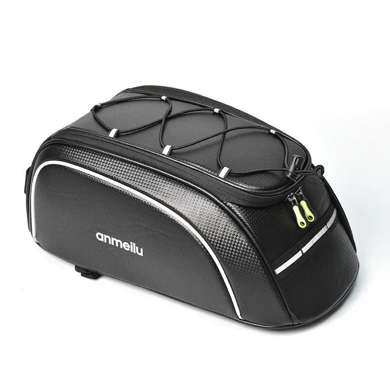 Waterproof black bicycle pannier bag mounted on bike rack with 8 litre capacity