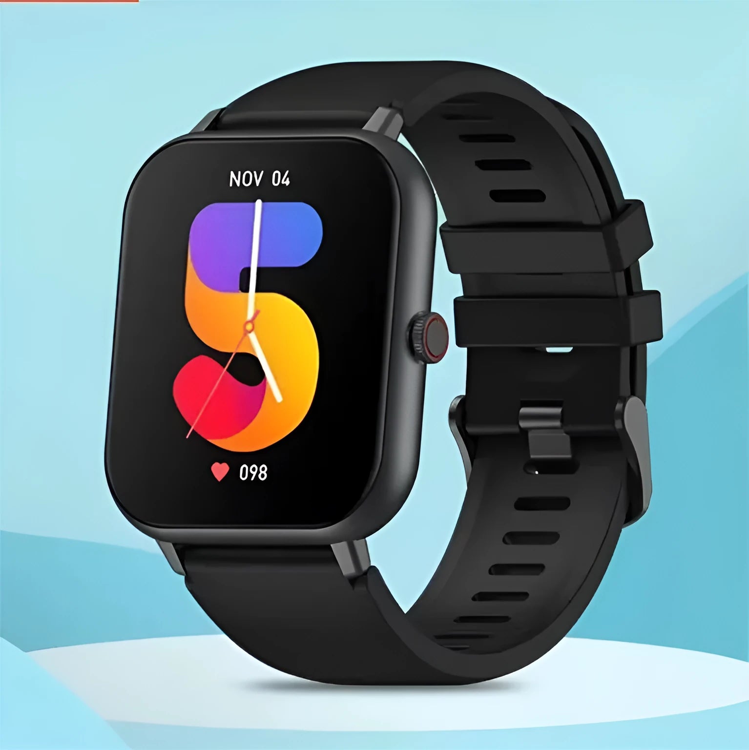 Bluetooth smart watch with colour touchscreen on a wrist, showing heart rate monitoring display.