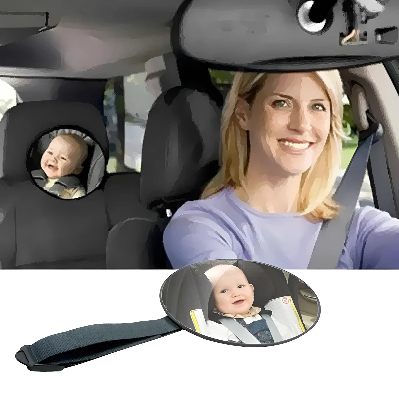 Black universal baby safety seat rearview mirror with 17cm glass and locking ribbon