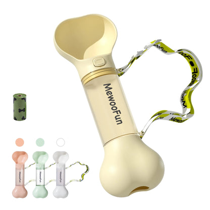 Mewoofun 2-in-1 leak-proof pet water bottle with bone-shaped design and poop bag storage