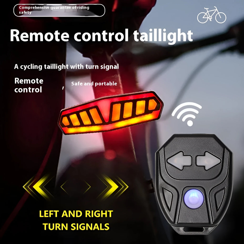 Bicycle taillight with wireless remote control showing turn signal functions and compact ABS housing