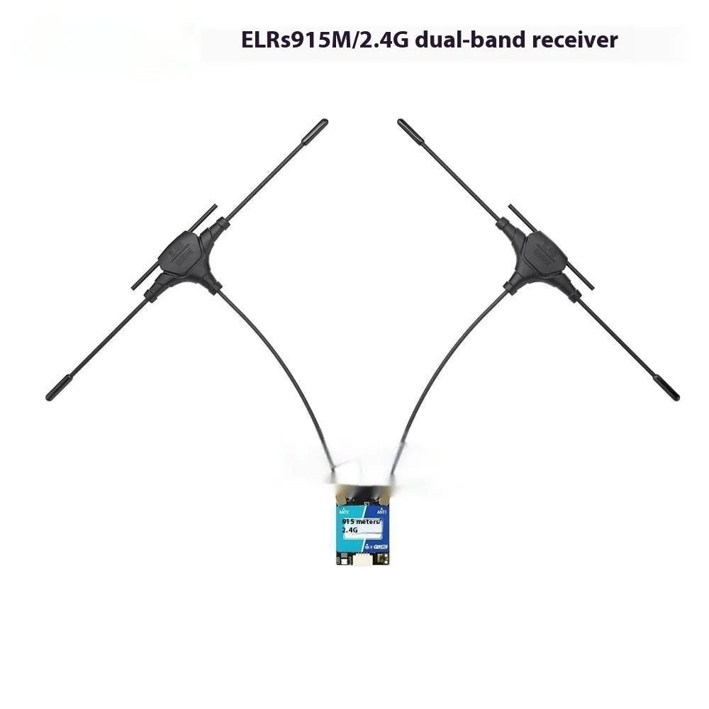 ELRS 915MHz and 2.4GHz dual-frequency FPV receiver unit with two T-shaped antennas and silicone connecting wire.