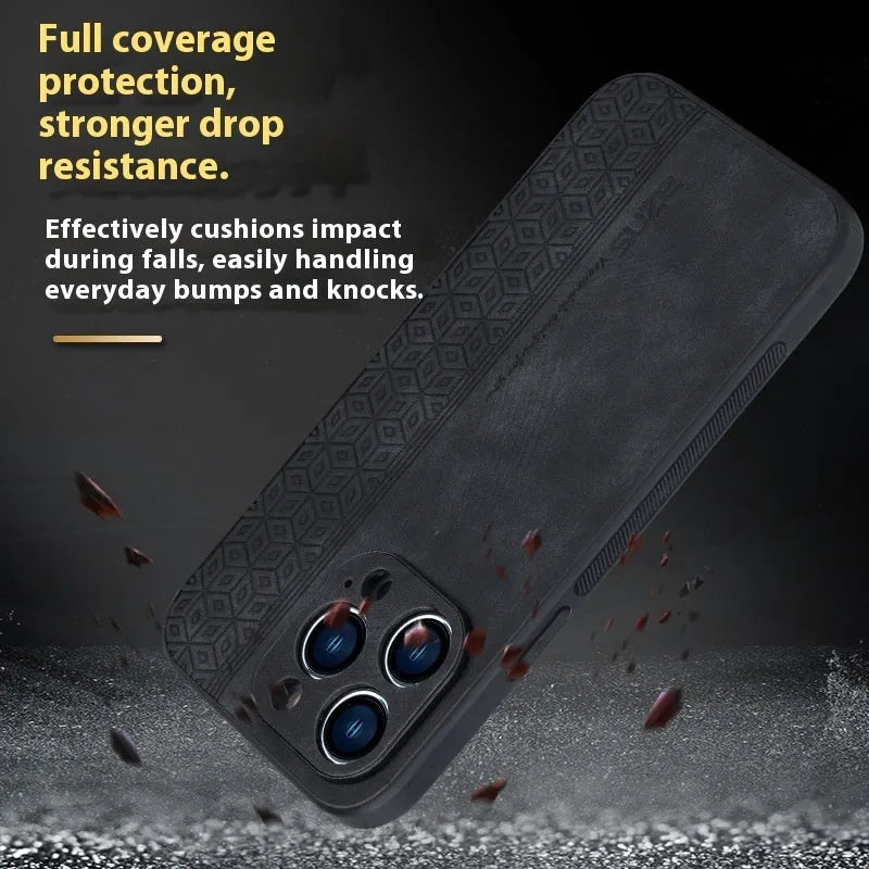 Imitation leather phone case with embossed pattern in blue for Apple iPhone, showing textured surface and cutouts