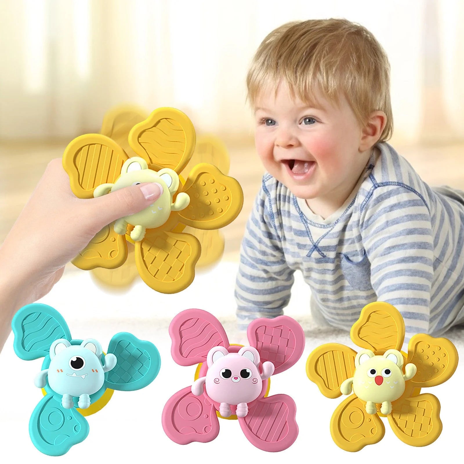 Colorful baby bath spinning top toy with suction cups for interactive play