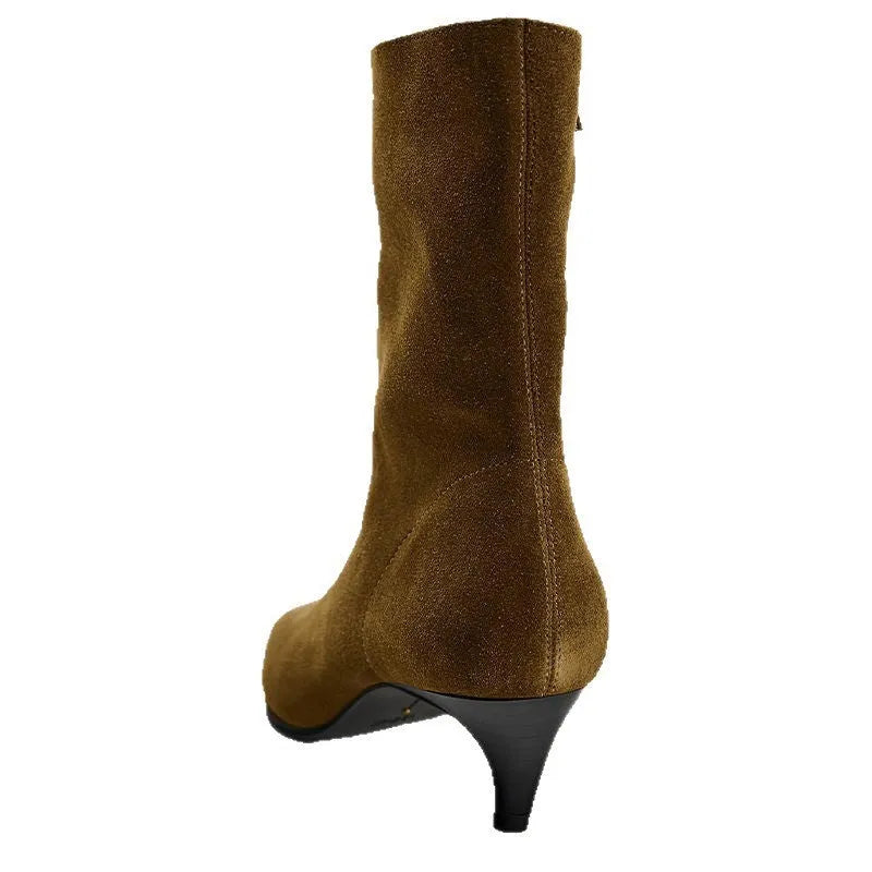 Brown women's square toe ankle boots with a side zipper and a mid-height stiletto heel on a waterproof platform sole.