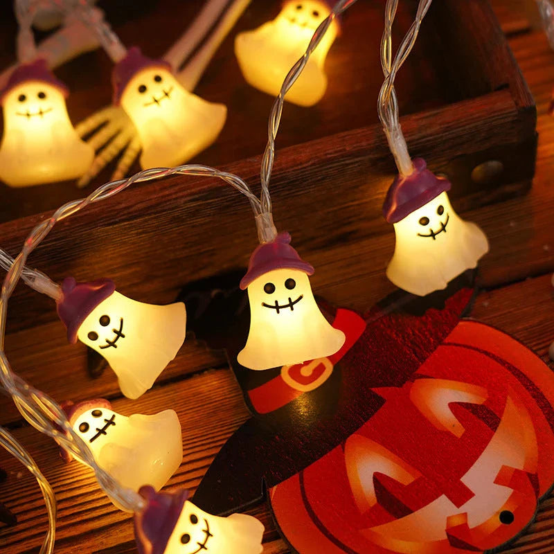 Battery-powered Halloween lighting chain with pumpkin, ghost, and bat-shaped LED lights