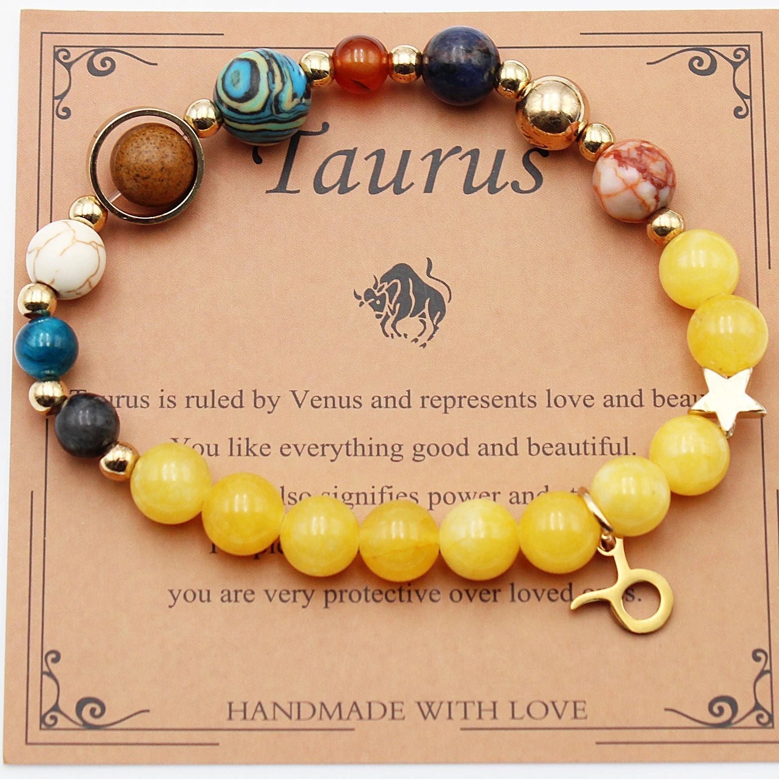 Morgan Stone beaded bracelet with twelve constellation designs, showcasing personalised zodiac signs.