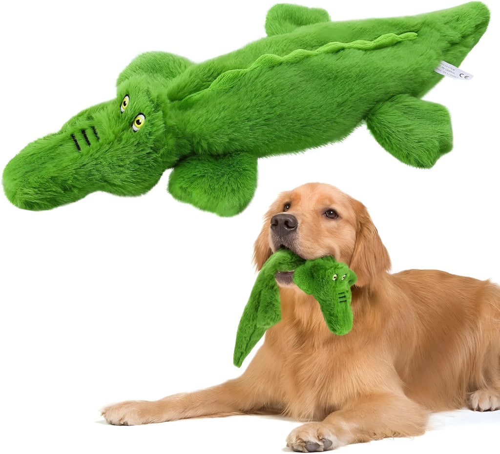 Green crocodile squeaky dog toy for aggressive chewers with no-stuffing design