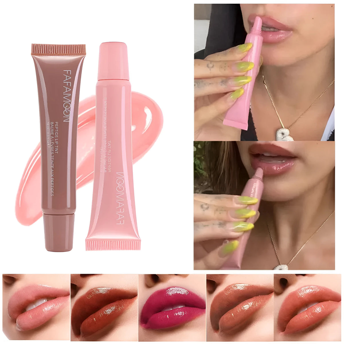 Glossy lip glaze in 10ml tube with water-resistant mirror finish, available in five colours including ribbon and espresso