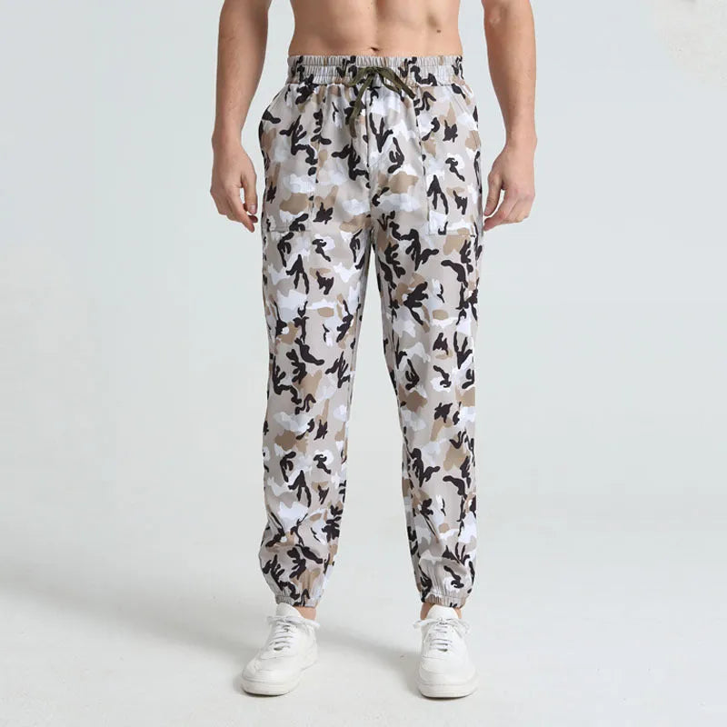 Men's sports casual camouflage trousers in army green pattern, full length, polyester fabric