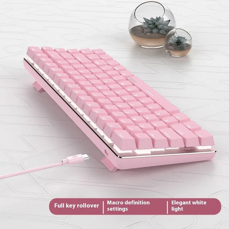 Pink metal mechanical gaming keyboard with white backlight and 82 keys