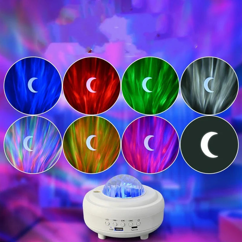 Starry Night Projector with 7 light effects, creating a mesmerizing celestial display in a bedroom or living space