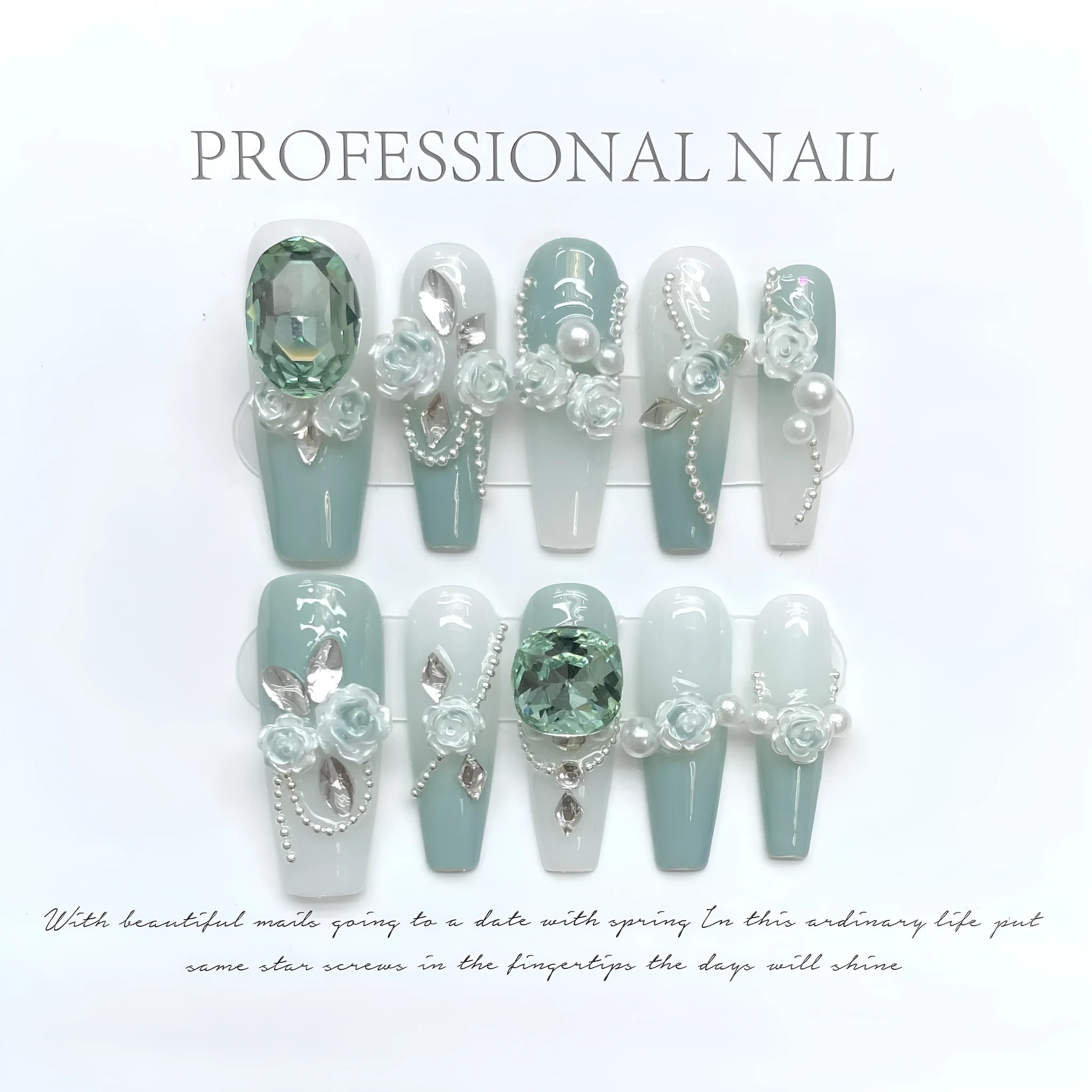 Wear Armor Green full diamond camellia gradient chain nail stickers with bow and butterfly patterns