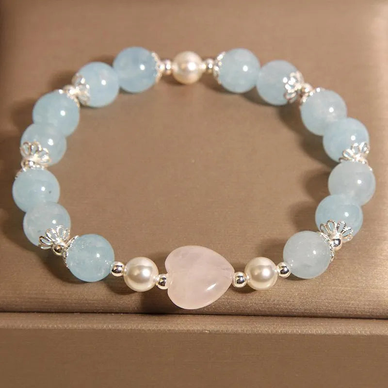 Natural aquamarine crystal bracelet for women with pink crystal and shell pearls, light luxury Japanese Korean style