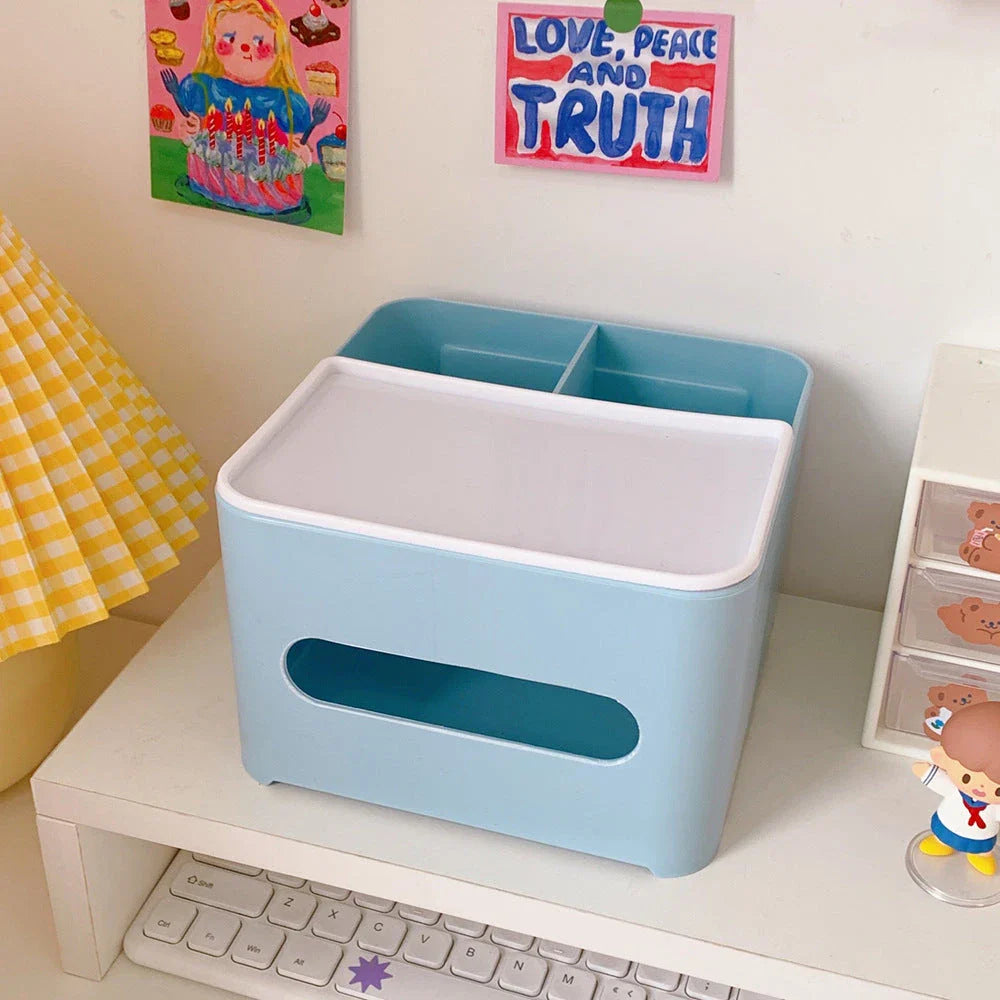 Charming cartoon tissue box organizer in various colors, with integrated phone stand for hands-free media viewing