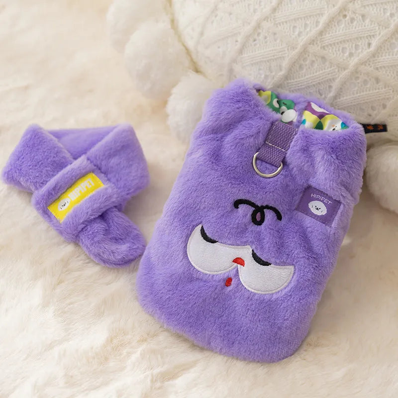 Autumn winter Korean pet hoodie with cute cartoon bear design and scarf in pink, shown on small dog