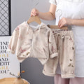 Children's cotton zip-up shirt and long trousers two-piece set in cartoon pattern, available in Gray