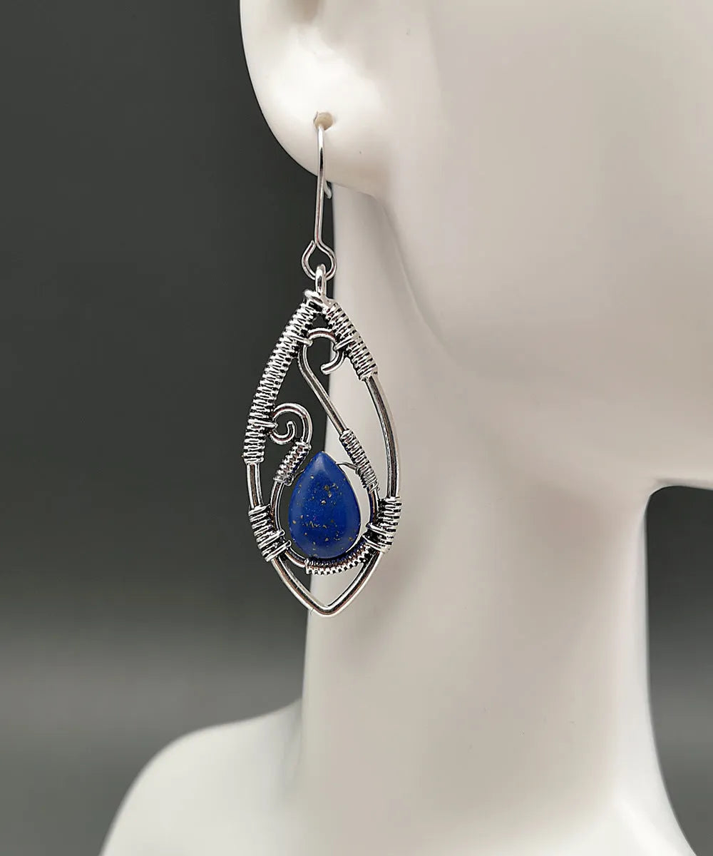 Creative Lapis retro silver string winding turquoise earrings with geometric design