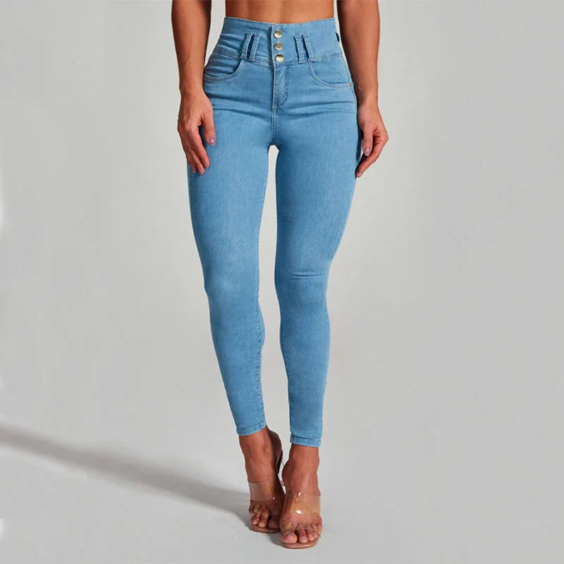 Women's high waist skinny jeans in dark blue and light blue with stretch and shaping features