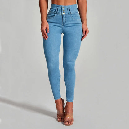 Women's high waist skinny jeans in dark blue and light blue with stretch and shaping features