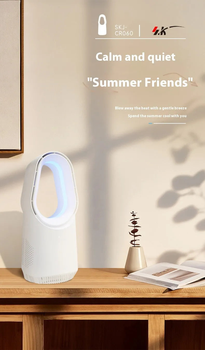 White bladeless tower fan with touch screen controls and remote on a desk.