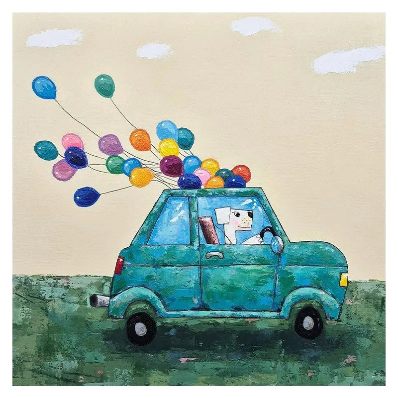 Handmade oil painting on canvas of cartoon car with dog and balloon, square size, frameless rolled canvas
