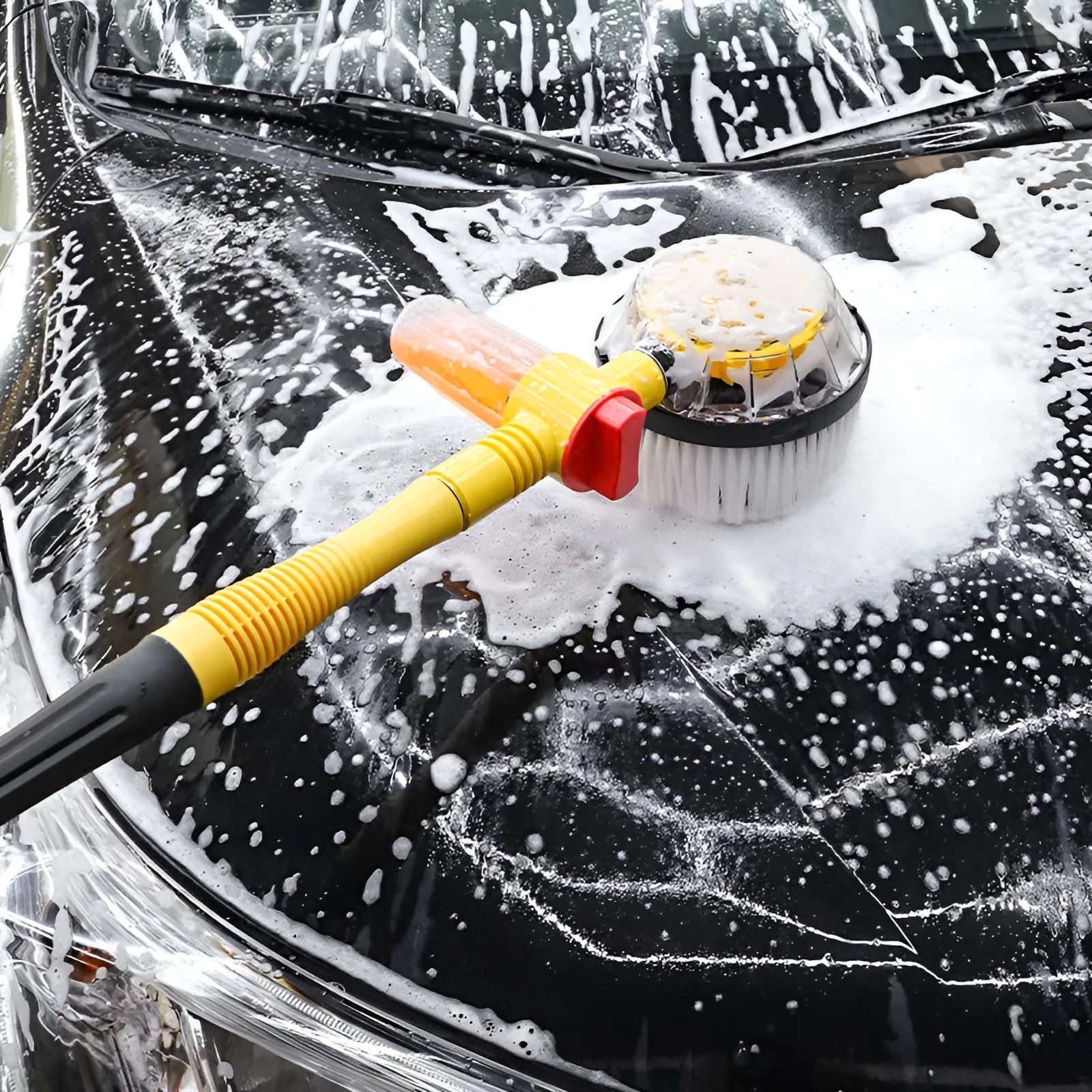 Yellow car wash mop cleaning tool with chenille brush head and hydraulic gear control