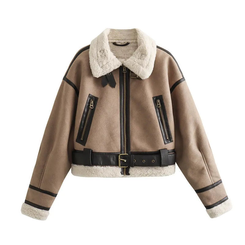 Women's loose long sleeve lamb wool splicing coat in khaki, with zipper front, on display as casual outerwear