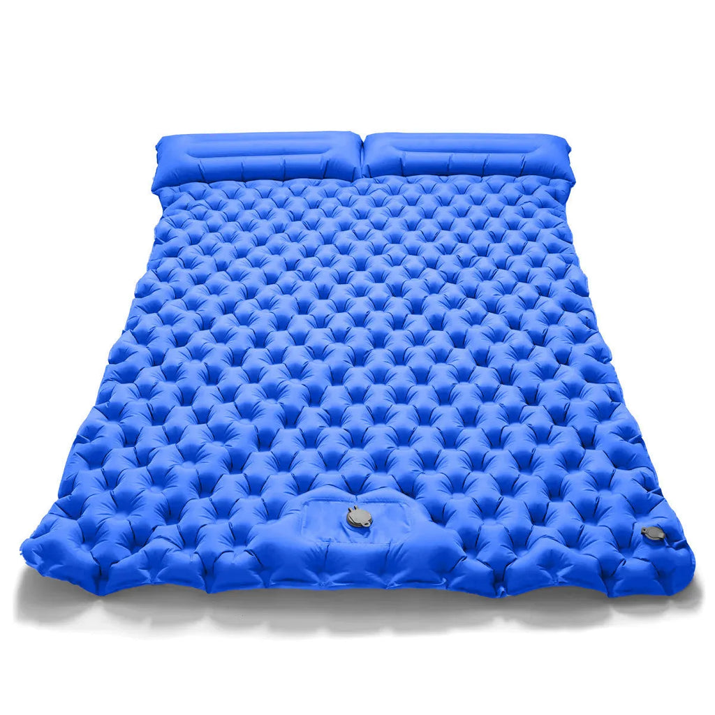 Double-wide camping air mattress with integrated pillow in army green colour, shown inflated.