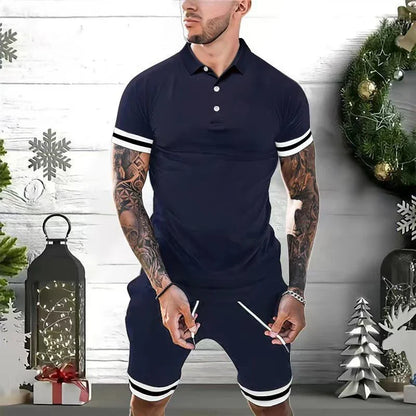 Stylish men's casual summer outfit with polo shirt and matching shorts in various colors
