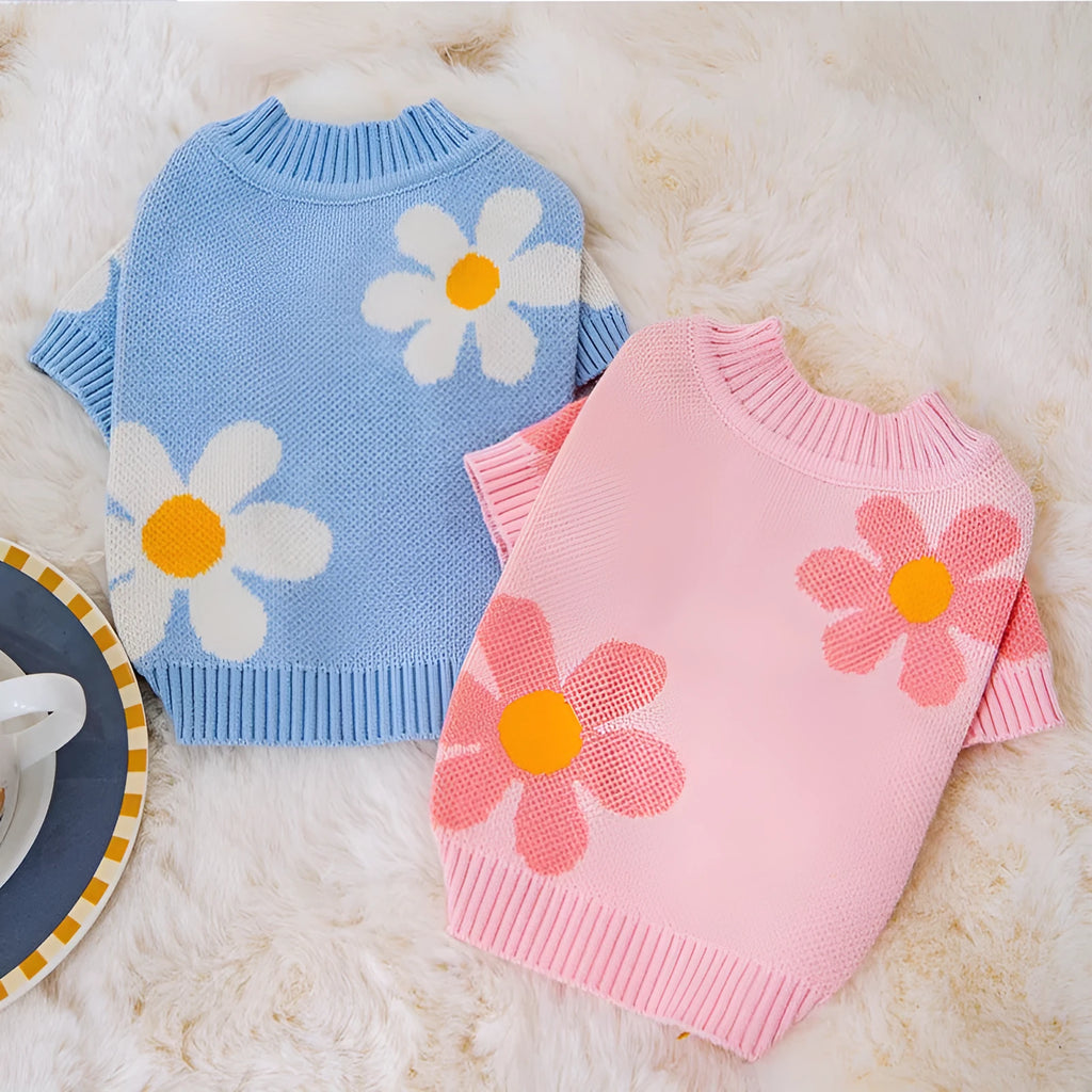 Blue polyester sweater for a small dog on a white background, showing the front of the garment.