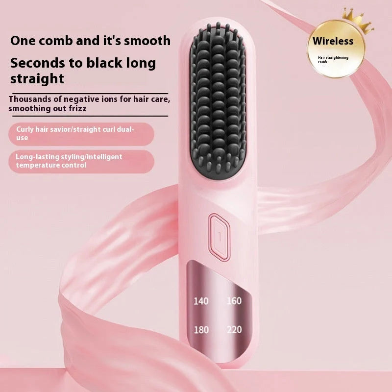 Cordless hair straightener brush in pink, black, and purple options for wet and dry hair styling