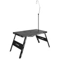 Black folding travel barbecue table with steel construction and choice of round or square cooking surface