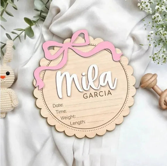 Square wooden ornament with custom name text for baby room or party decoration