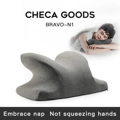 Ergonomic memory foam nap pillow with unique 'butterfly' design for comfortable desk-side power naps