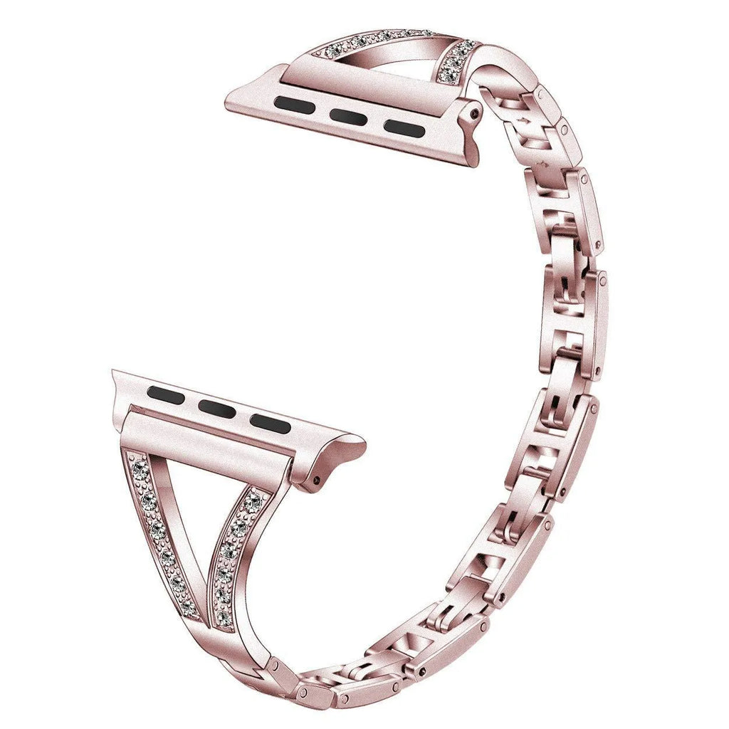 Herringbone pattern smart watch strap for Apple Watch in silver, showing zinc alloy lugs.