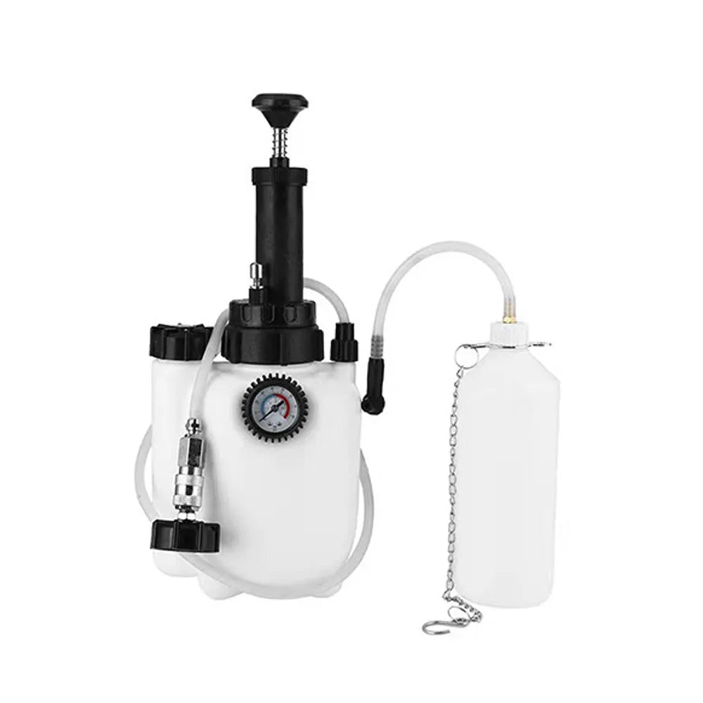 White 3-litre automotive brake fluid tank and bleeding tool with copper and iron components.