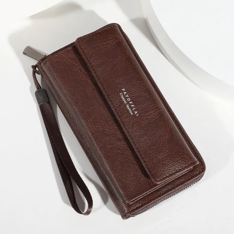 Men's black PU leather wallet with multiple card slots, shown next to a brown and coffee version, displaying slim 19cm profile.