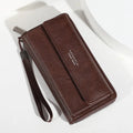 Men's black PU leather wallet with multiple card slots, shown next to a brown and coffee version, displaying slim 19cm profile.