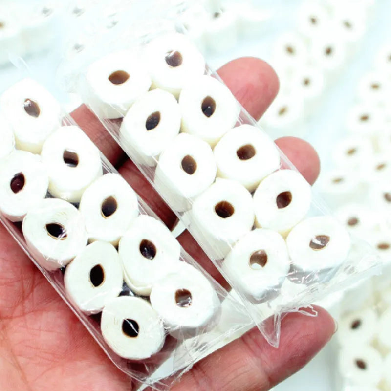Small white paper model of a tissue roll for dollhouse play, showing 30mm width and 80mm height.
