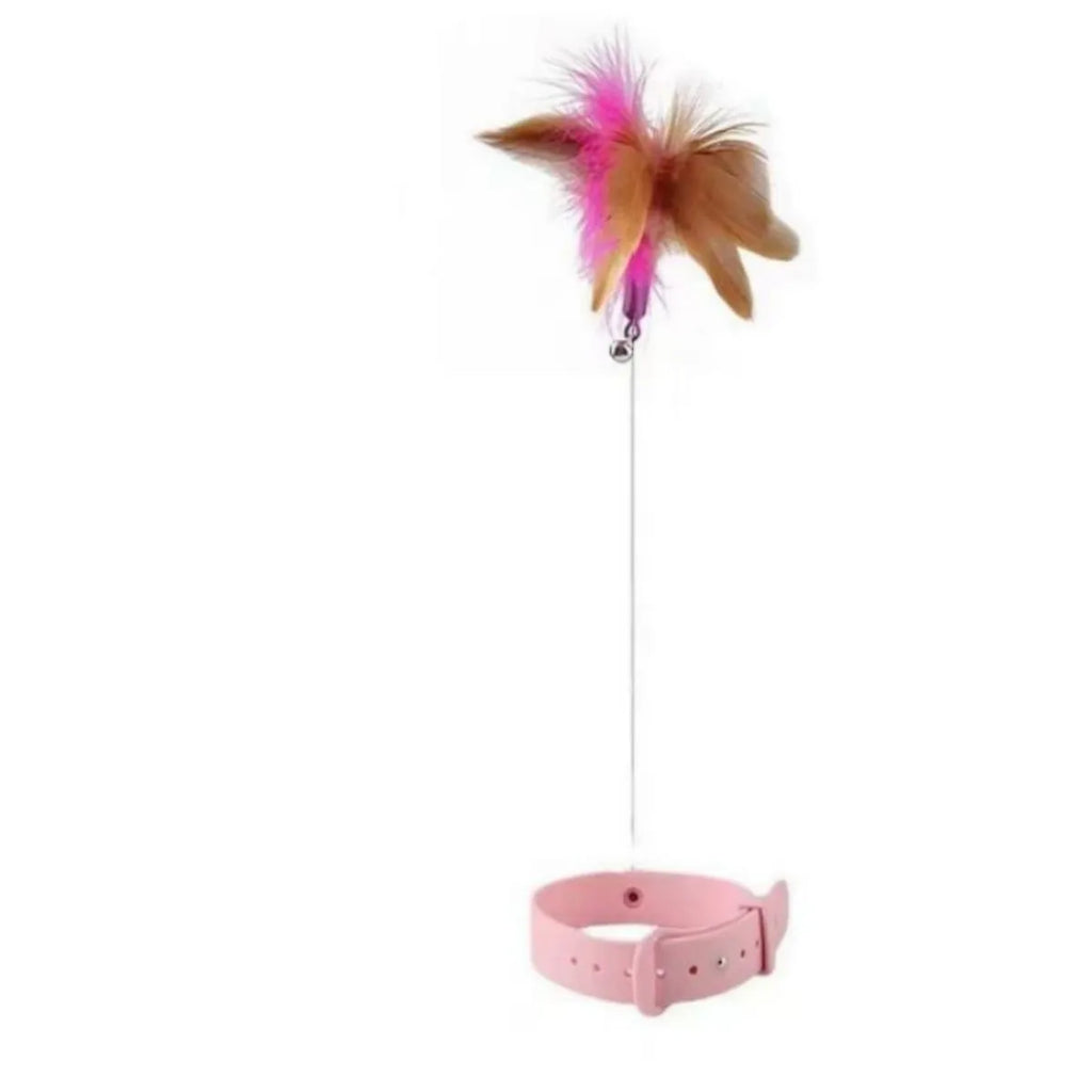 Blue adjustable cat collar with feathers and bell, plus a teasing wand with a soft silicone tip.