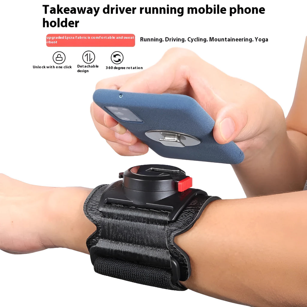 Black unisex mobile phone arm bag with adjustable strap for delivery driving and sports activities