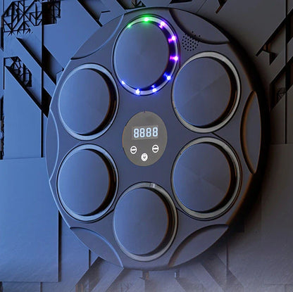 Smart Bluetooth boxing target with coloured LED lights on black PU surface, wall-mounted fitness training equipment