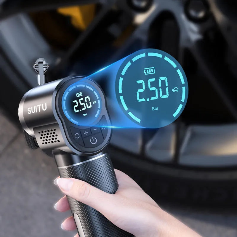 ST-5518 portable wireless air pump with LED light showing compact dimensions and included nozzle attachments