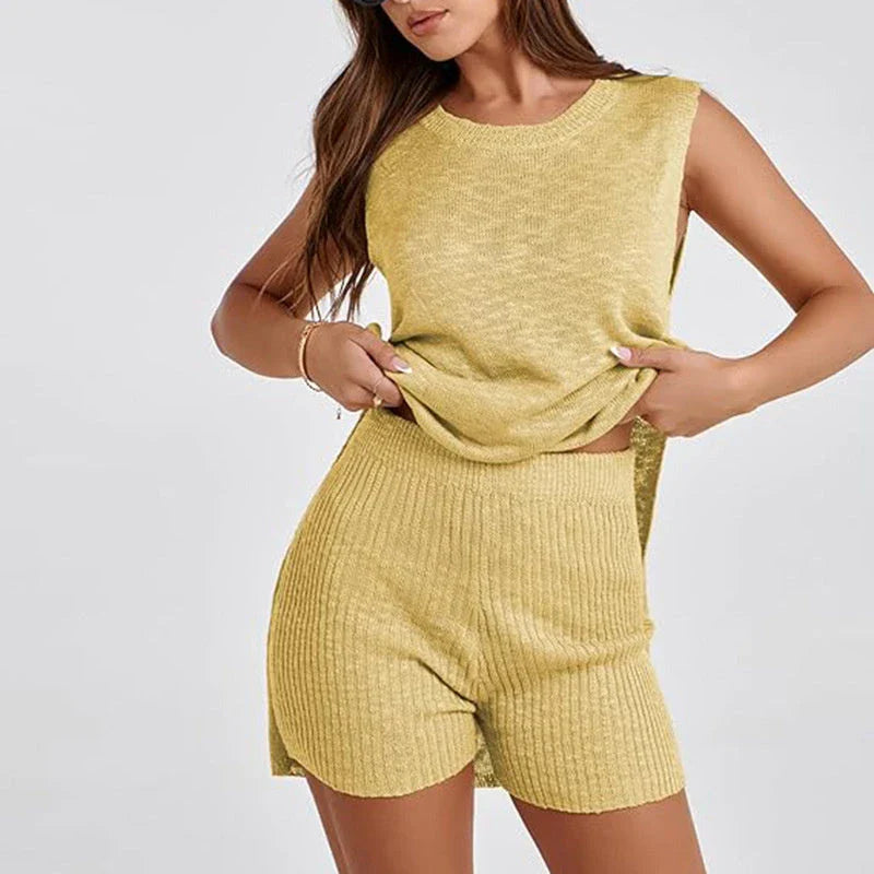 Women's 2-piece knit outfit with sleeveless top and matching casual shorts in a variety of colors