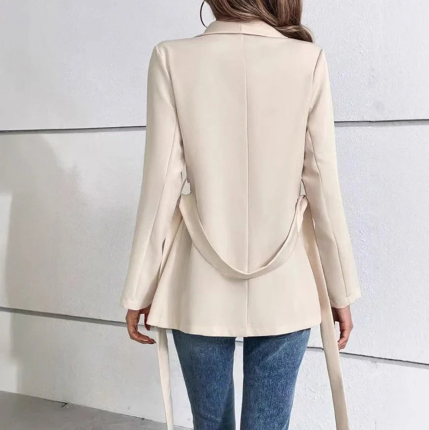 Women's slim fit long sleeve suit coat with lace-up front in black or apricot colours