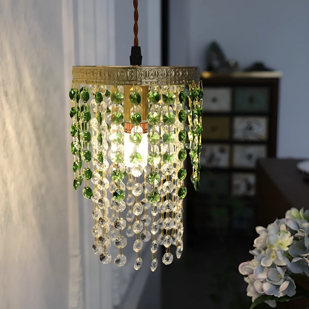 Retro green glacier crystal small droplight on bedside table showing warm LED light from E14 4W bulb